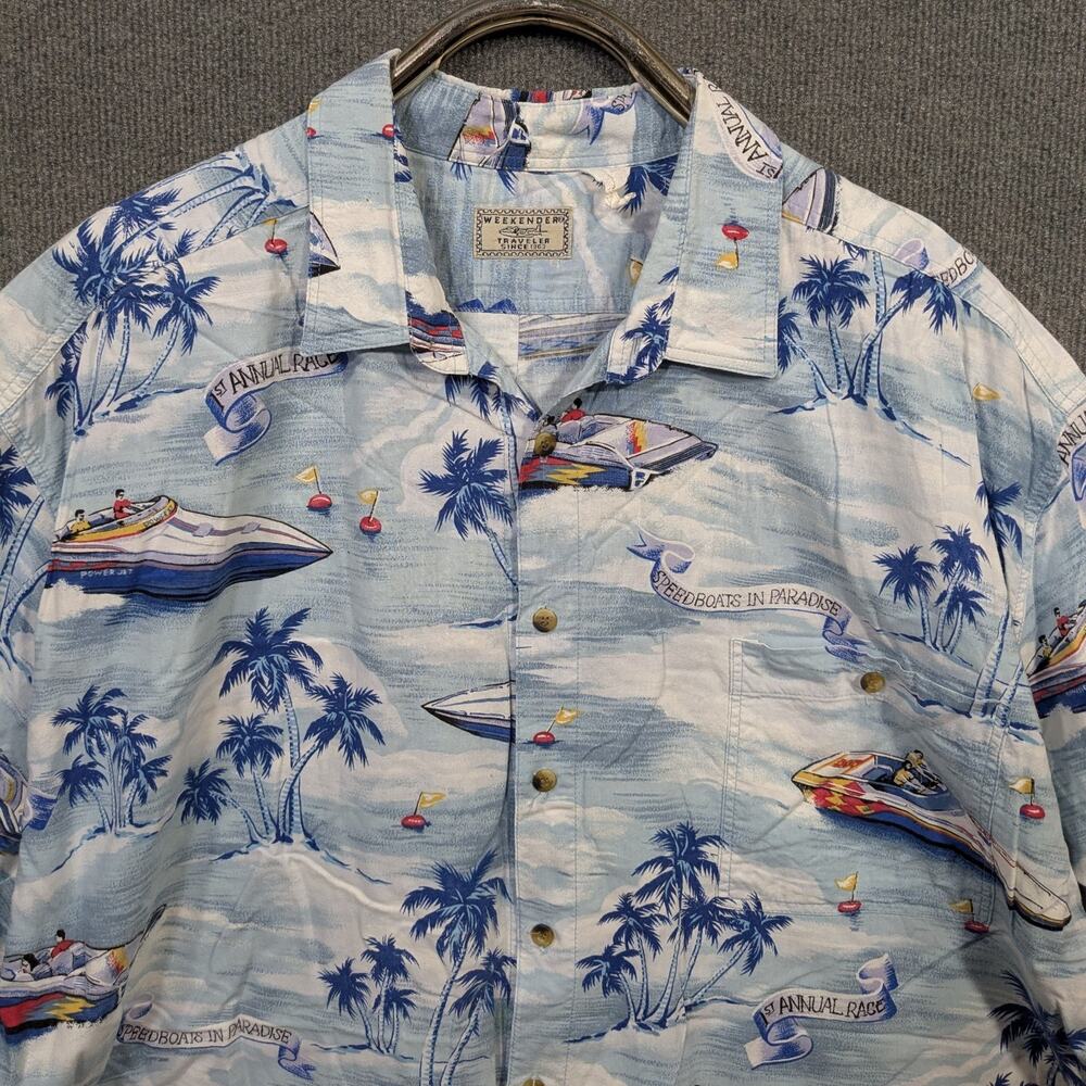 Vtg Weekender Camp Shirt Mens 2XL Boats All Over Print Cabana Lounge Speedboats